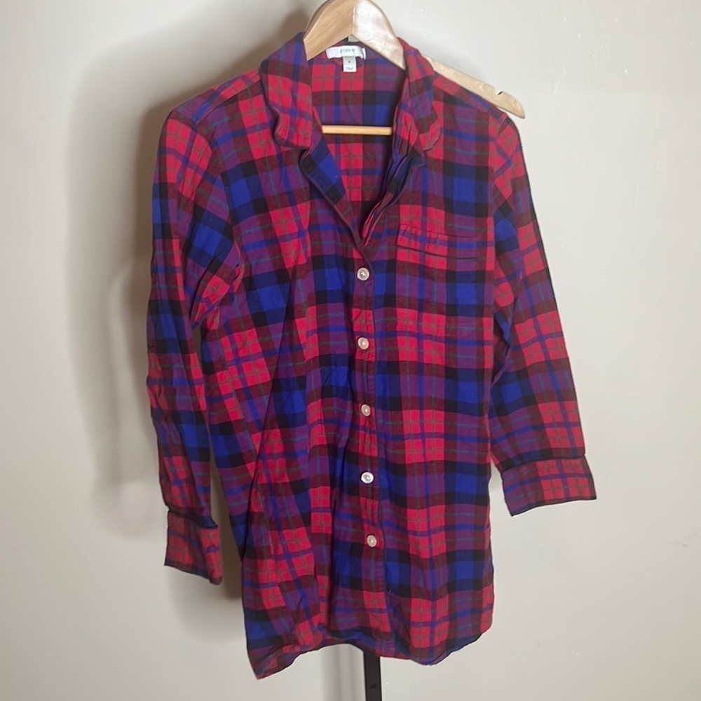 J Crew 100% Cotton Red Blue Flannel Sleep Shirt Size S